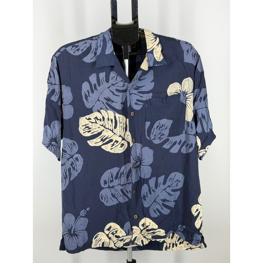 Back East Mens Hawaiian Shirt Navy Blue Tropical Monstera Hibiscus Rayon M
